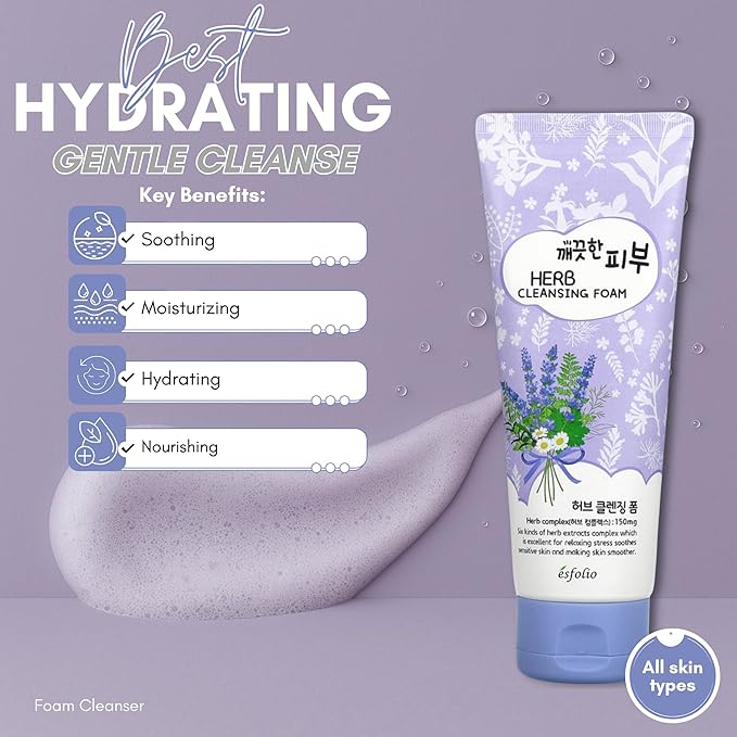 esfolio Herb Cleansing Foam - Gentle Face Wash with Natural Herbal Extracts for Deep Cleansing, Hydrating & Soothing - Suitable for All Skin Types (5.29 OZ-150ML)