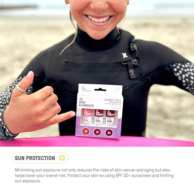 Raw Elements Tinted Lip Beach Pout, Pink Feet, Salt Water SPF 30 .15 oz Sunset Pack