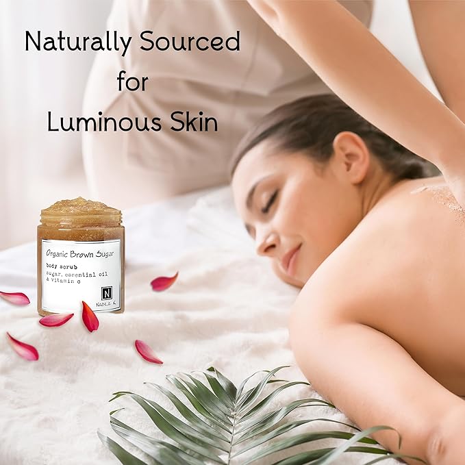 Organic Brown Sugar Body Scrub Made in USA with Essential Oil and Vitamin C by Nabila K - Exfoliate and Moisturize for Smooth Skin - Luxury for Women & Men, 10 oz