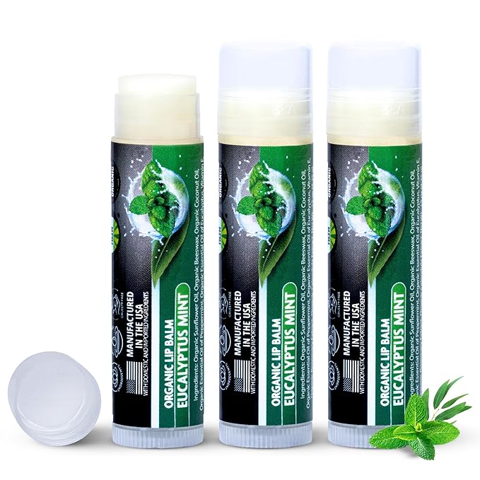 Organic Lip Balm Chapstick Bulk 3 Pack – Eucalyptus Mint – Natural Beeswax Lip Balm – Moisturizer for Very Dry, Chapped Lips