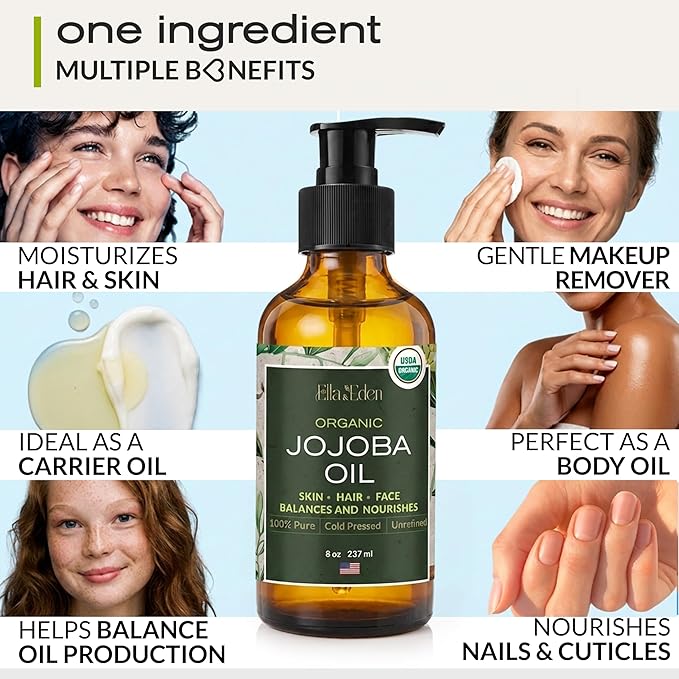 Ella & Eden 8 Oz Organic Jojoba Oil For Hair – USDA Certified, 100% Pure Cold-Pressed & Unrefined Moisturizer for Hair, Skin, Face & Nails, Hexane-Free Carrier Oil - Food Grade Plastic Bottle