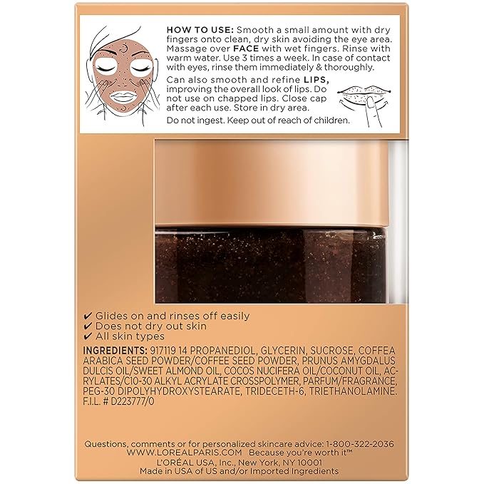 L'oreal Paris Skin Care Pure Sugar Face Scrub With Kona Coffee To Instantly Resurface & Energize for Soft Glowing Skin, 1.7 Ounce