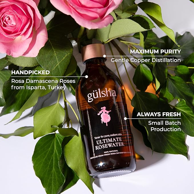 GULSHA ULTIMATE ROSEWATER, Natural Rosa Damascena Flower Water, Cleanses, Nourishes and Tones Skin, Restores Radiance to Your Skin, Free from Chemicals, 100% Natural Glow Rose Essence, 250ml/8.45fl oz