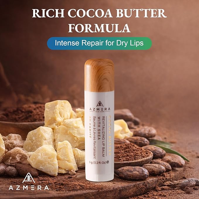 Azmera Cocoa Butter Lip Balm - Organic Shea Butter from Ghana Chapstick for Dry Chapped Lips - Double Butter Lip Moisturizer - Made in USA - 6g Stick
