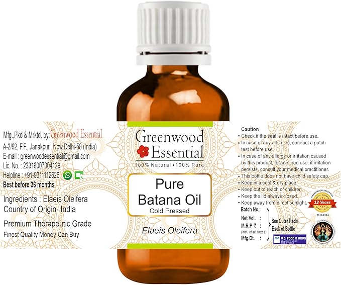 Greenwood Essential Pure Batana Oil (Elaeis Oleifera) Cold Pressed 10ml (0.33 oz)
