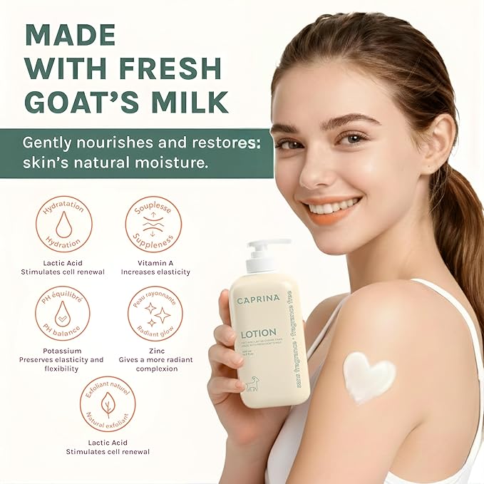 Caprina Goat’s Milk Body Lotion, 500 ml (16.9 oz), FRAGRANCE-FREE, Gentle Daily Moisturizer for Sensitive Skin