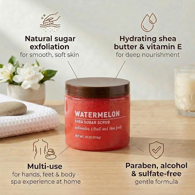 Watermelon Sugar Scrub – Exfoliating Body Scrub for Women, Moisturizing Shea Butter, Natural Sugar Exfoliant, Hand and Foot Scrub, Paraben-Free, All Skin Types, 18 oz (Pack of 2)