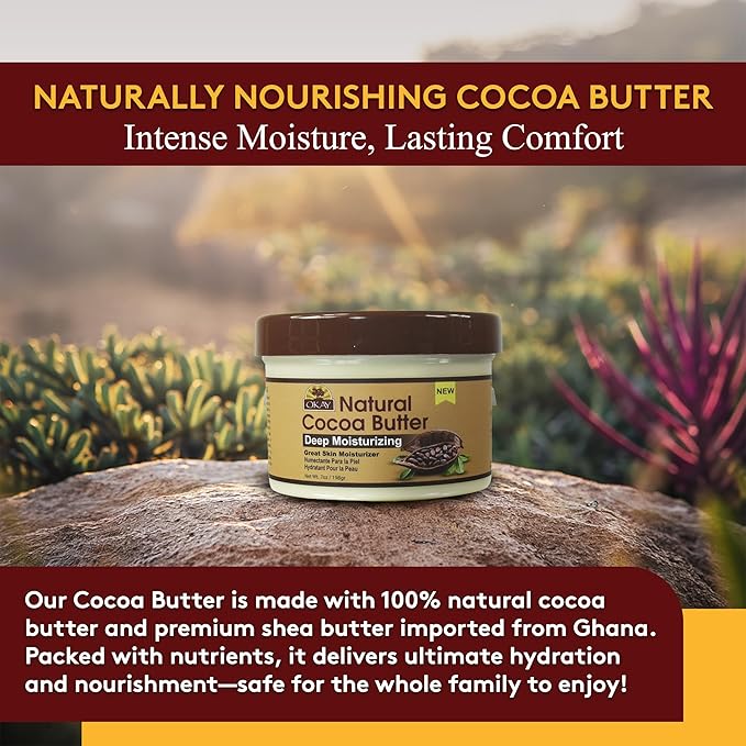 OKAY | Natural Cocoa Butter | For Skin & Hair | Moisturizes & Softens Skin | Conditions & Nourishes Hair | 100% Natural | 7 oz