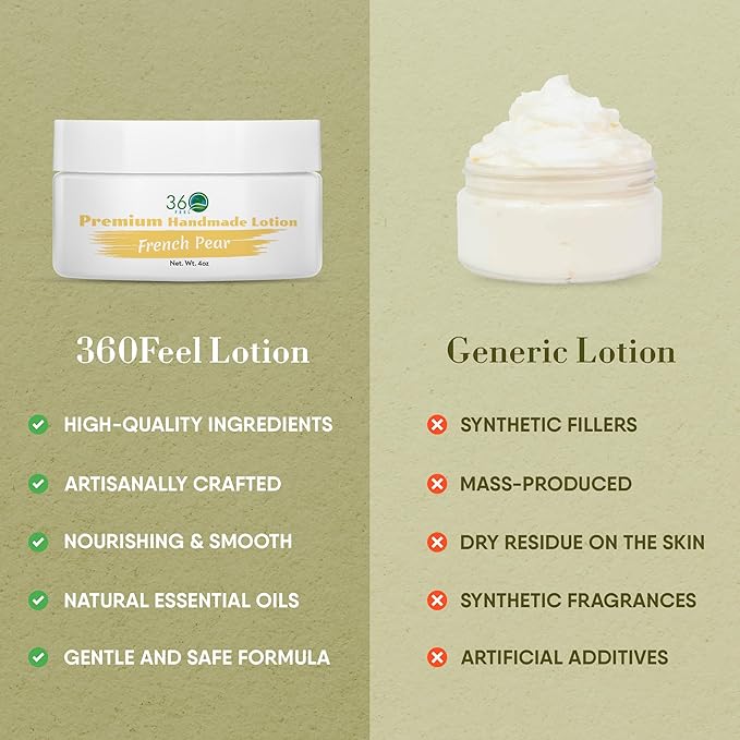 360Feel French Pear Body Lotion - Hydrates with Coconut & Olive Oil, Plant-Based, Non-Greasy, Sensitive Skin, All Day Use