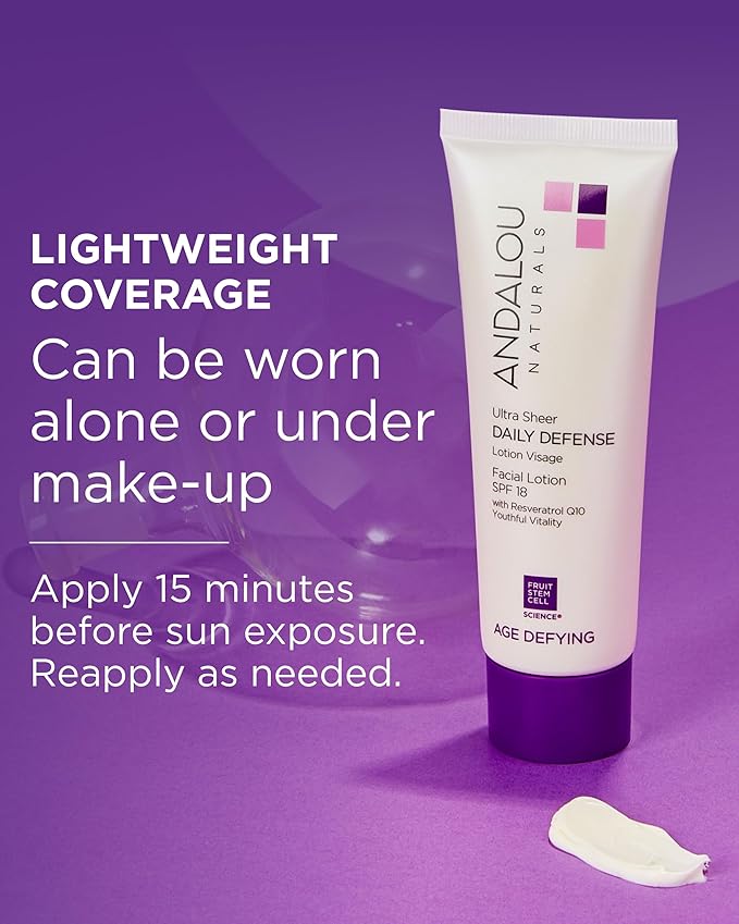 Andalou Naturals Age Defying Ultra Sheer Daily Defense Facial Lotion SPF 18 - Lightweight Sunscreen Moisturizer for Face - With Resveratrol CoQ10 - For All Skin Types - 2.7 oz,(Pack of 2)