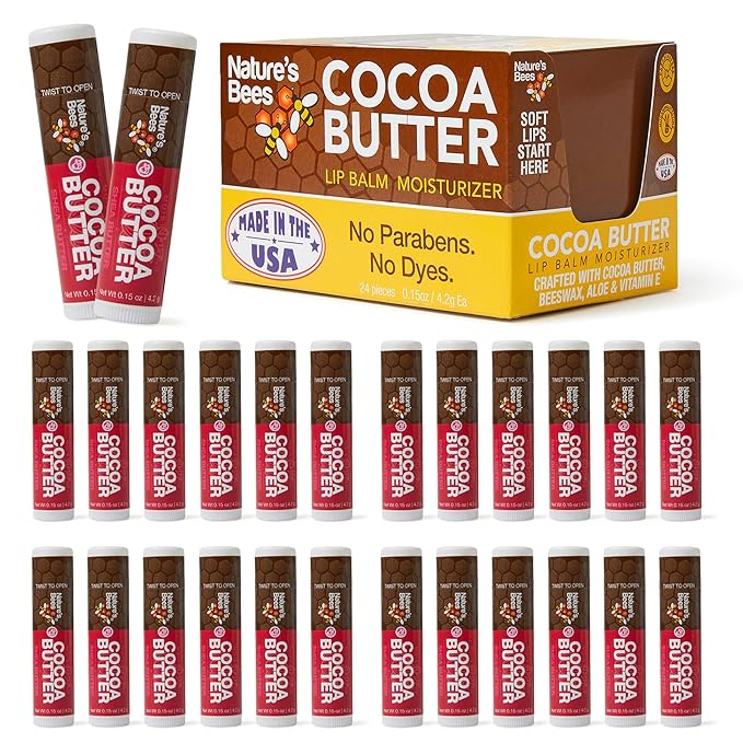Nature's Bees Cocoa Butter Lip Balm, Shea Butter Flavor, Hydrating Lip Care for Dry Lips, Made in the USA with Coconut Oil, Beeswax, Vitamin E, & Aloe, 0.15 oz Each, 24 Pack - Packaging May Vary