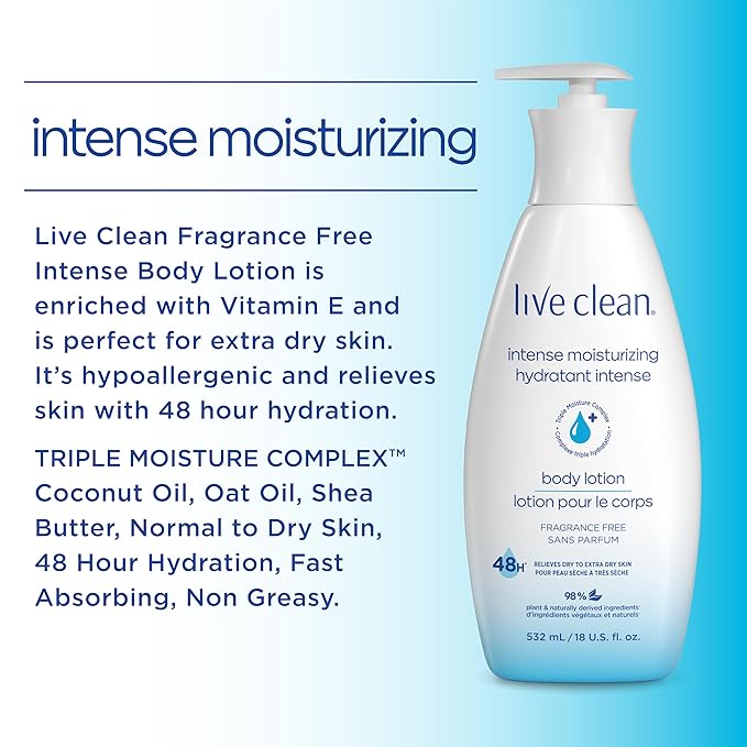 Live Clean Intense Moisture Fragrance Free Body Lotion, 18 Fl Oz