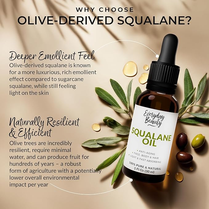 Squalane Oil - 100% Pure & Natural Plant Derived Facial Oil 1 Fl Oz Glass Bottle & Dropper - Cold Pressed and Unrefined Premium Grade Multipurpose Moisturizing Oil For Skin and Hair