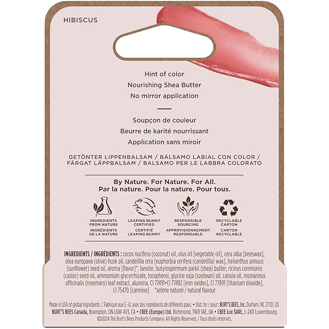 Burt's Bees Lip Tint Balm, Long Lasting 2 in 1 Duo Tinted Balm Formula, Color Infused with Hydrating Shea Butter for a Natural Looking Buildable Finish, Hibiscus, 1 Tube (Pack of 2)