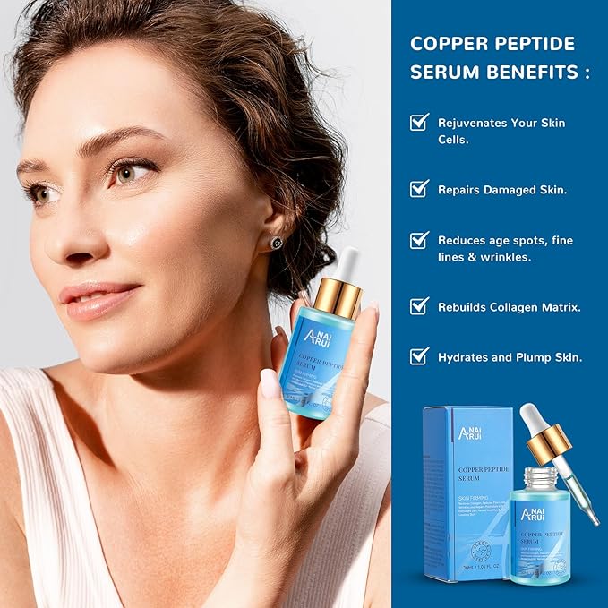 ANAI RUI Copper Peptides Serum for Face -Ghk-Cu Peptide Serum + Hyaluronic Acid - Reduces Fine Lines & Wrinkles, Plumping and Radiant Skin, 1.fl.Oz