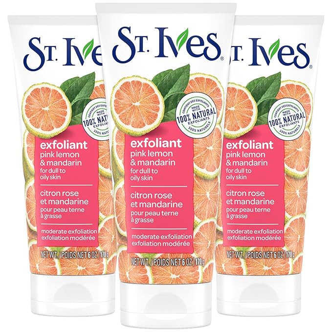 St. Ives Exfoliant Face Scrub 3-Pack – Skin-Brightening Pink Lemon & Mandarin for Glowing Skin, 6 Oz Ea