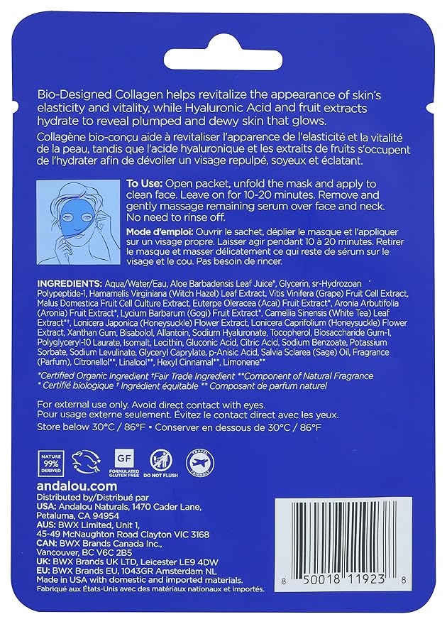 Andalou Naturals Deep Hydration Instant Hydrate & Refresh Sheet Mask, 6 OZ