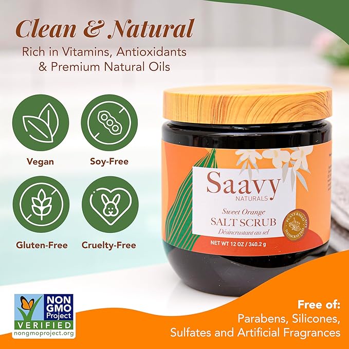 Saavy Naturals Body Scrub - Scented Salt Orange Extract, Natural Body Scrub & Vegan Exfoliating with Vitamin E, Gentle for Sensitive Skin – Made in USA – Sweet Orange (1 Pack) - 12 oz