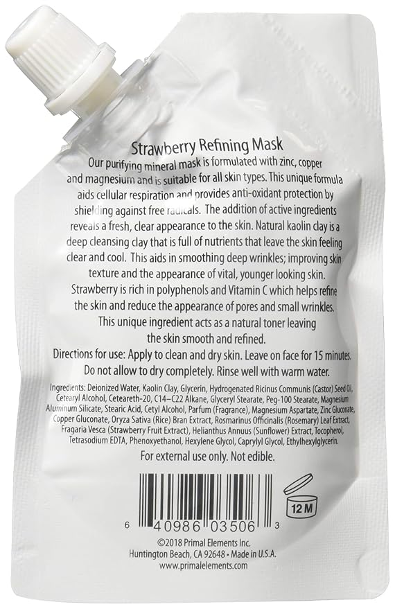 Primal Elements Face Mask, Clay Mud Facial Treatment, Reduce Pores & Treat Blackheads, Multi-Use Package, 1.18 oz - Strawberry Refining (Pack of 2)