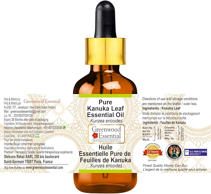 Greenwood Essential Kanuka Leaf Essential Oil (Kunzea ericoides) with Glass Dropper | Pure | Non-Sticky | Non-Greasy | Lightweight | Men & Women | All Skin Types | Steam Distilled 30ml (1 oz)
