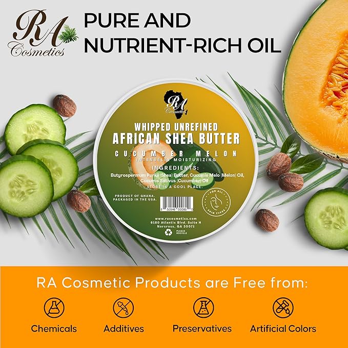 RA COSMETICS Whipped Shea Butter with Cucumber-Melon Extract – 100% Unrefined Shea Body Butter from Ghana – Moisturizes Skin, Nourishes & Conditions Hair – Softens and Smooth Lips, Hands & Feet – 12oz