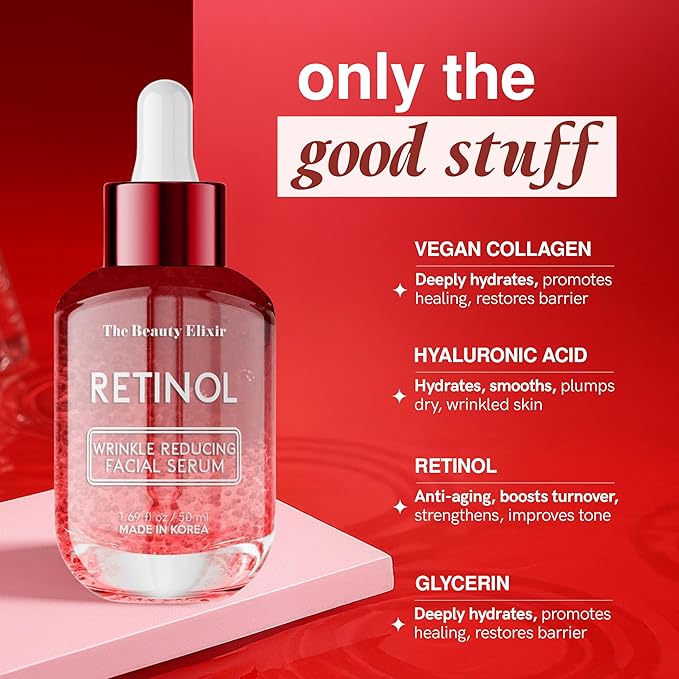 The Beauty Elixir Retinol Serum For Face - Dermatologist Tested, Anti-Aging, Fine Lines & Wrinkles & Post-Acne Marks Treatment - Clean Beauty, Cruelty-Free Korean Skin Care for All Skin Types - 1.69oz