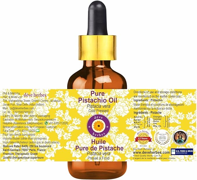dève herbes Pistachio Oil (Pistacia vera) with Glass Dropper | Cold Pressed | Pure | Natural | For Diluting Essential oils | For Skin & Massage | Non-Sticky| Lightweight| Unisex | 30ml (1 oz)