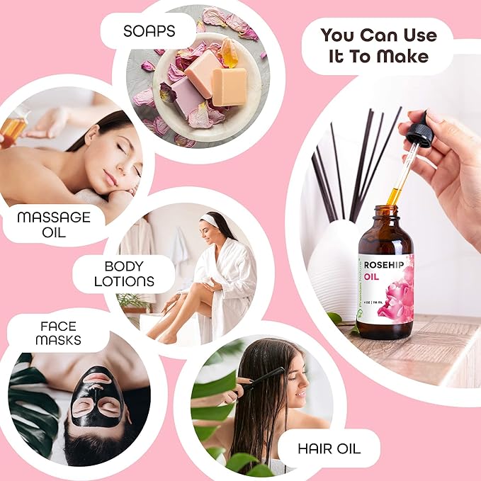Premium Nature Rosehip Oil For Face for Women, Rosehip Seed Pure Cold Pressed Unrefined For Hair and Nails Skin Care Moisturizer, Rose Hips Face Oils and Serums 4 oz