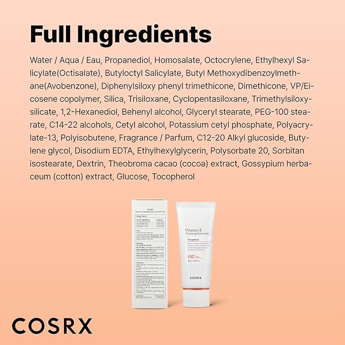 COSRX Vitamin E Vitalizing Sunscreen,SPF 50 Broad Spectrum Face Sunscreen, Lightweight, Non-Sticky, No White Cast, Vitamin E for Antioxidant Care, For All Skin Tones, Korean Skincare, 1.69 fl oz