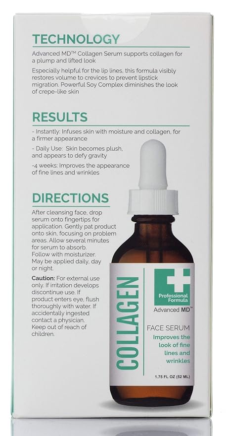 Advanced MD Collagen Face Serum Moisturizer For Wrinkles & Fine Lines Professional Formula To Lift & Firm By Targeting Lost Skin Elasticity. Soy Extract, Antioxidants, Peptides, 1.75 Fl Oz