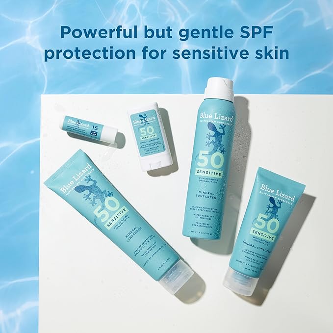Blue Lizard Sensitive Mineral SPF 50 Spray, Dermatologist-Recommended Brand, Broad-Spectrum UVA/UVB Protection, Water-Resistant, Zinc Oxide Formula, 5 oz