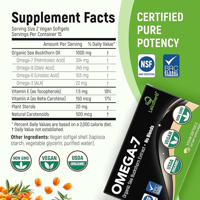 Organic Omega 7 Sea Buckthorn Oil Capsules - Omega 7, 3-6-9 Supplements for Skin, Eye, Hair & Nail Health, Hydration & Wellness Support，USDA-Certified, 30 Softgels, Travel-Friendly