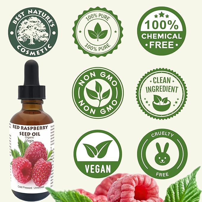 Best Nature's Red Raspberry Seed Oil – 100% Pure, Organic, Cold-Pressed – Natural Face & Hair Moisturizer – Rich in Vitamin E, Omega 3 – Anti-Aging Skincare – 2 fl oz / 60 ml