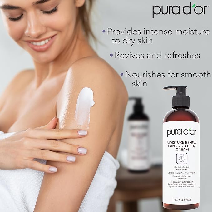 PURA D'OR 16 Oz Moisture Renew Hand & Body Cream – Ultra-Hydrating Daily Moisturizer with Organic Aloe Vera, Argan Oil & Shea Butter, Fast-Absorbing Formula for Dry, Sensitive Skin, Non-Greasy