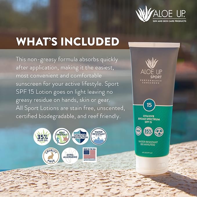 Aloe Up Sport Sunscreen Body Lotion SPF 15 - Broad Spectrum Sunblock With Hydrating Aloe Vera Gel - Non-Greasy,skin sun protection No White Cast - Reef Friendly sunscreen- Fragrance-Free - 6 Oz