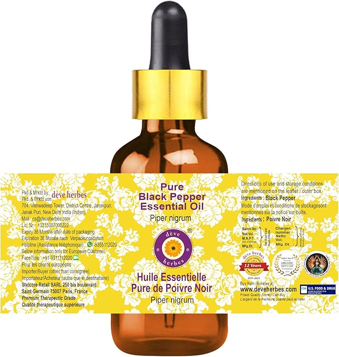 dève herbes Black Pepper Essential Oil (Piper nigrum) with Glass Dropper | Pure | Non-Sticky | Non-Greasy | Lightweight | Men & Women | All Skin Types | Steam Distilled 5ml (0.16 oz)
