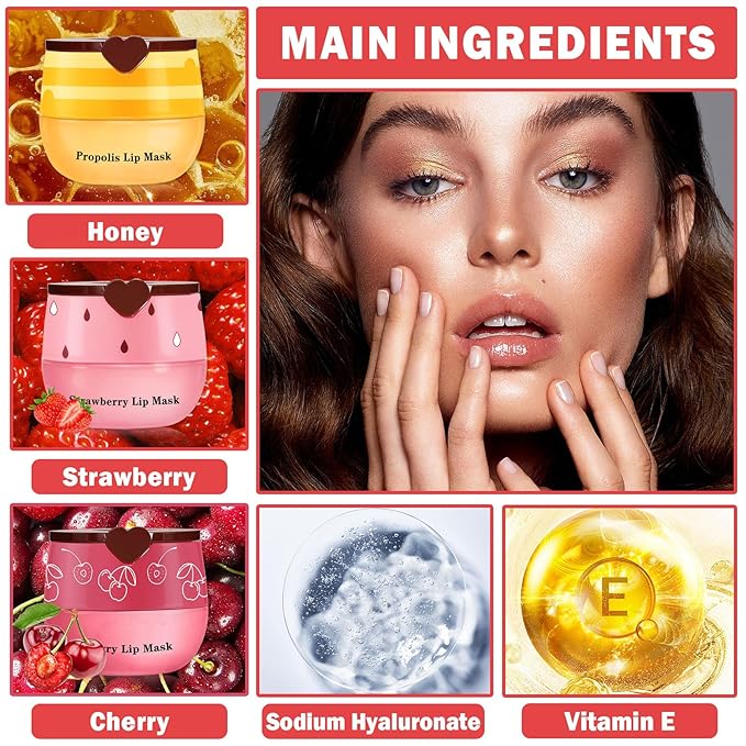 3PCS Bee Lip Balm Honey Pot Honey Strawberry Cherry Sleeping Lip Mask Silky Hydrating Bee Lip Balm Honey Lip Mask Overnight LipCare Products