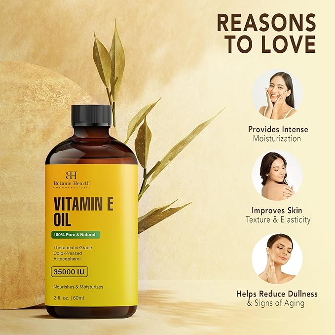 Botanic Hearth Vitamin E Oil 2 Fl Oz |100% Pure and Natural- Cold Pressed & Hexane Free Natural Hair Growth Oil for Eyelashes, Eyebrows, Skin, Body, Face, Nails & Scalp