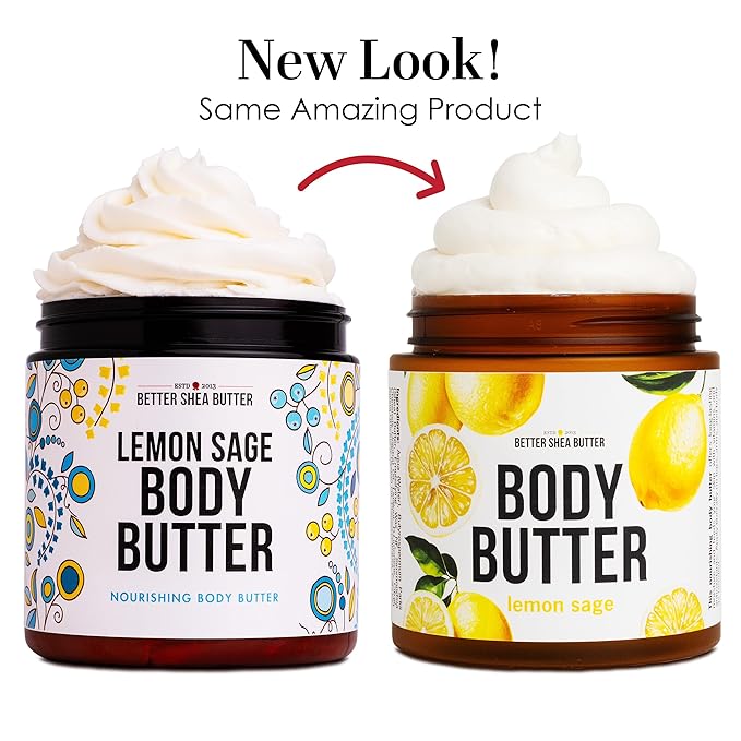 Better Shea Butter Lemon Sage Body Butter for Dry Skin with Raw Shea Butter & Jojoba Oil, Natural Moisturizing Body Cream, Naturally Scented with Essential Oils