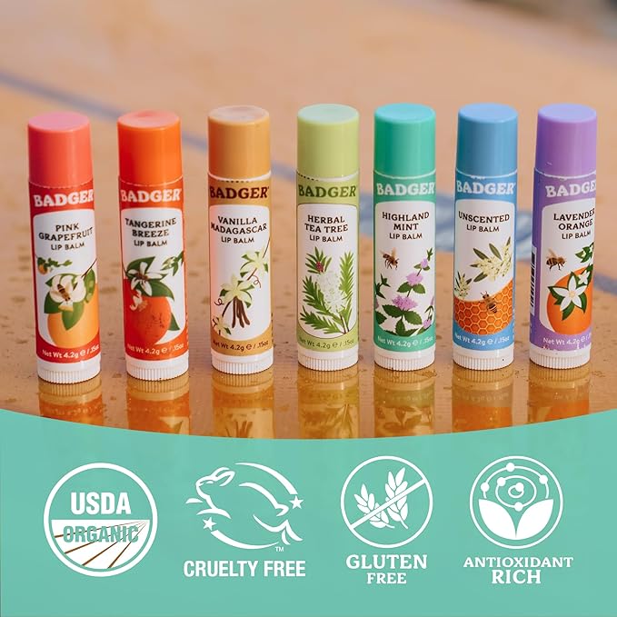 Badger Highland Mint Classic Lip Balm, 100% Organic Balm Long Lasting Lip Moisturizer w/Light Silky Texture, Refreshing, Invigorating & Soothing Mint Lip Balm, 4 Pack