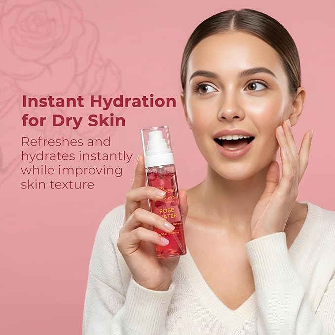 Rose Water Spray for Face & Hair - Made with Rose Hydrosol & Glycerin, Hydrating & Refreshing Facial Mist to Set Makeup, Support Double Cleansing & Help Balance Skin’s pH (3.38 fl oz)