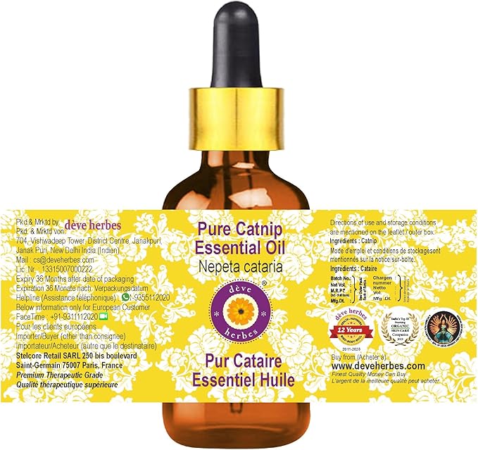 dève herbes Catnip Essential Oil (Nepeta cataria) with Glass Dropper | Pure | Non-Sticky | Non-Greasy | Lightweight | Men & Women | All Skin Types | Steam Distilled 5ml (0.16 oz)