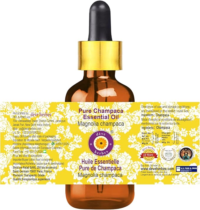 dève herbes Champaca Essential Oil (Magnolia champaca) with Glass Dropper | Pure | Non-Sticky | Non-Greasy | Lightweight | Men & Women | All Skin Types | Steam Distilled 5ml (0.16 oz)