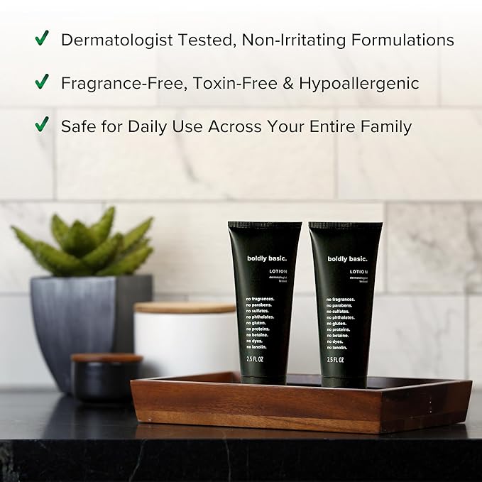 Boldly Basic Fragrance Free Lotion - Moisturizer for Dry and Sensitive Skin - Non Greasy - Unscented - Dermatologist Tested - No Sulfates, Parabens or Gluten - Travel Size 2 Pack (2.5 oz Each)