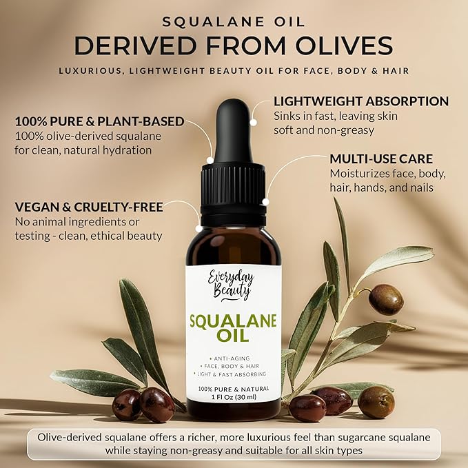 Squalane Oil - 100% Pure & Natural Plant Derived Facial Oil 1 Fl Oz Glass Bottle & Dropper - Cold Pressed and Unrefined Premium Grade Multipurpose Moisturizing Oil For Skin and Hair