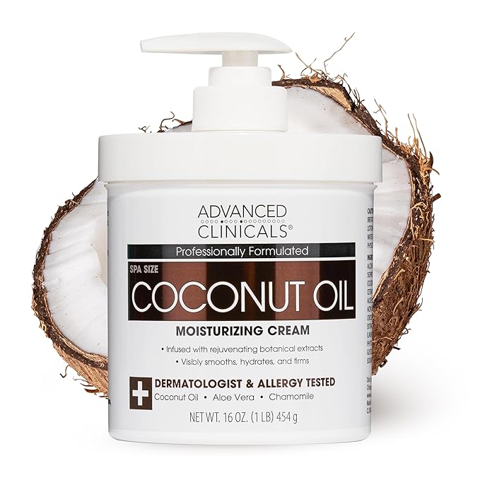Advanced Clinicals Coconut Oil Body Cream For Women & Men | Hydrating Coconut Lotion For Extremely Dry Skin | Visible Anti Aging Body Butter Skin Care Balm Moisturizer For Hand, Heel, Feet, 16 Ounce