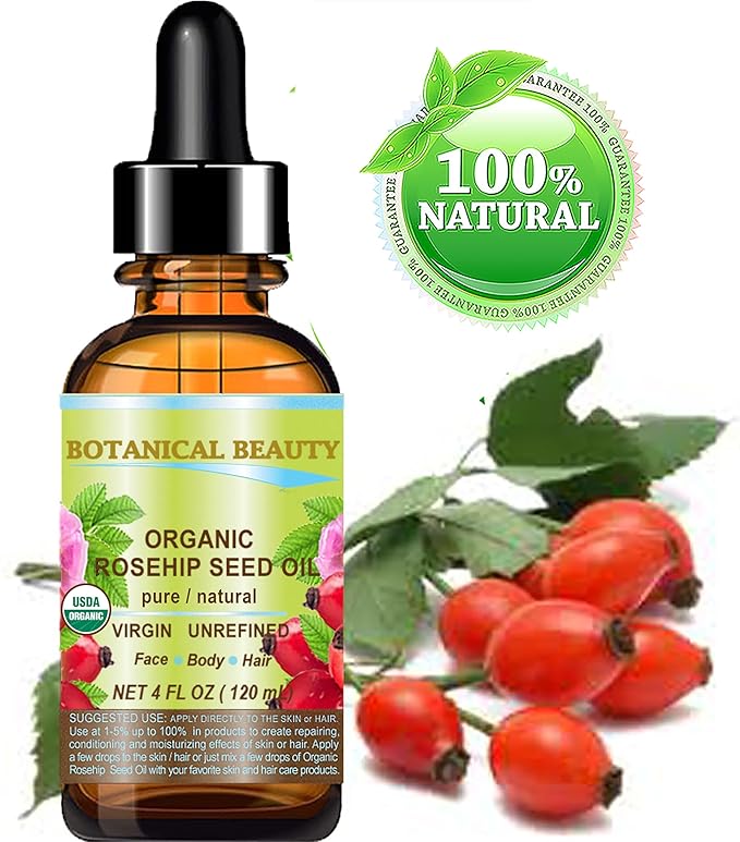 Botanical Beauty Organic Rosehip Seed Oil 100% Pure Natural Virgin Unrefined Cold-Pressed Carrier Oil for Face, Skin, Body, Hair, Lip, Nails, Rich in Vitamin C, Vitamin E, Anti-Aging (4 Fl Oz)