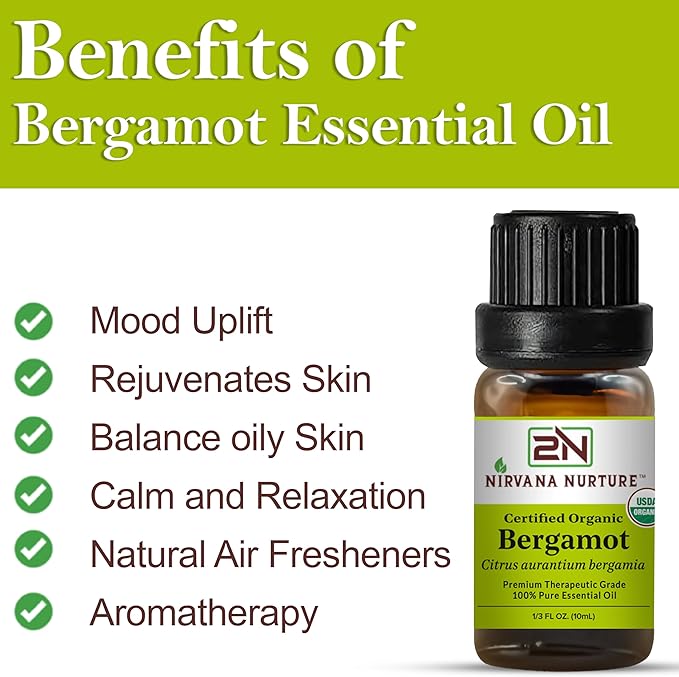 Bergamot Essential Oil, USDA Certified Organic, 100% Pure Undiluted, Aromatherapy Oil for Diffuser, Hair & Skin Care