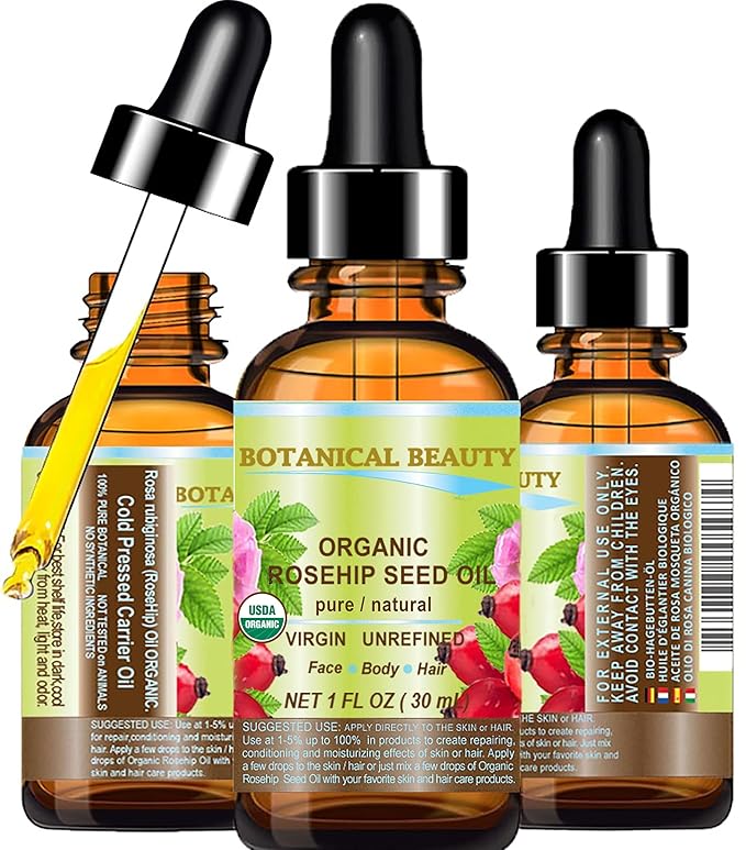 Botanical Beauty Organic ROSEHIP SEED OIL 100% Pure Natural Virgin Unrefined Cold-pressed Carrier Oil For Face, Skin, Body, Hair, Lip, Nails, Rich in vitamin C, Vitamin E, Anti-Aging (1 Fl Oz)