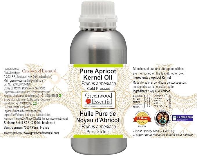 Greenwood Essential Pure Apricot Kernel Oil (Prunus armeniaca) Cold Pressed 1250ml (42 oz)